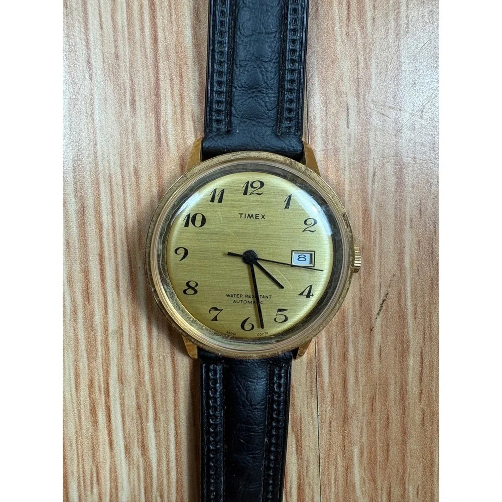 Vintage Timex Automatic Watch Gold Tone Date Window 46561 03274 Black Strap